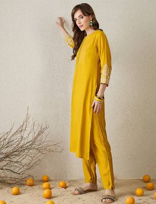 Mustard embroidered cotton kurta trouser set 3