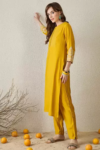 Mustard embroidered cotton kurta trouser set
