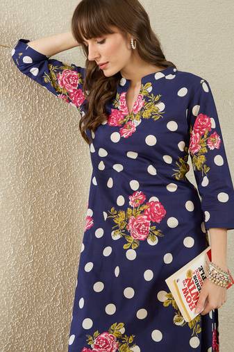 Blue printed cotton kurta trouser set