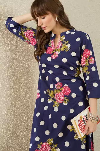 Blue printed cotton kurta trouser set