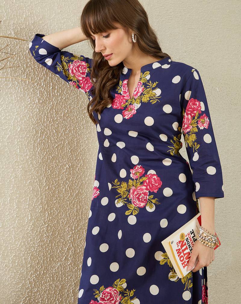 Blue printed cotton kurta trouser set