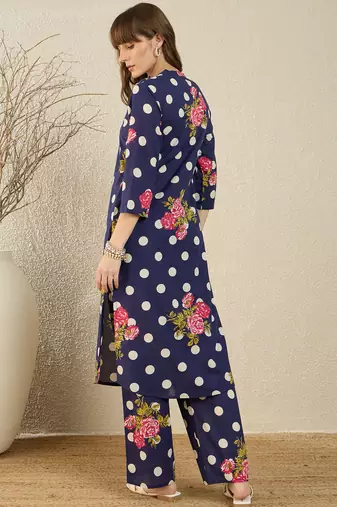 Blue printed cotton kurta trouser set