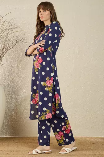Blue printed cotton kurta trouser set