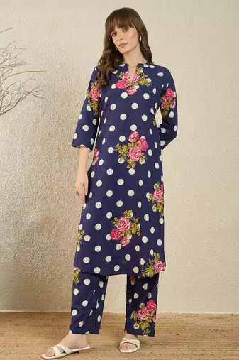 Blue printed cotton kurta trouser set