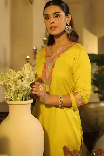 Yellow embroidered silk kurta trouser set