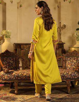 Yellow embroidered silk kurta trouser set 3