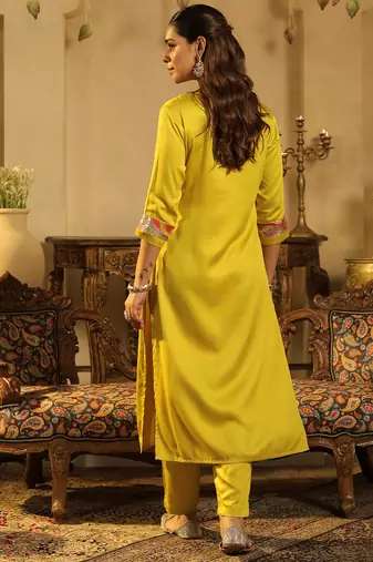 Yellow embroidered silk kurta trouser set