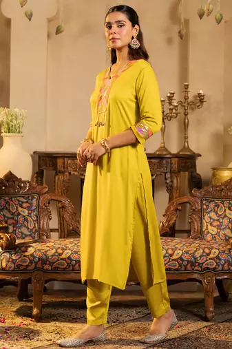 Yellow embroidered silk kurta trouser set