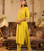 Yellow embroidered silk kurta trouser set