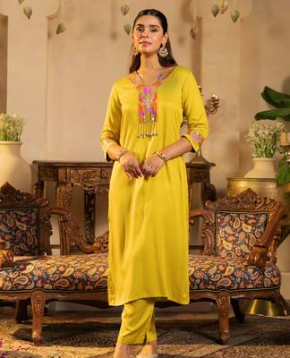 Yellow embroidered silk kurta trouser set 4