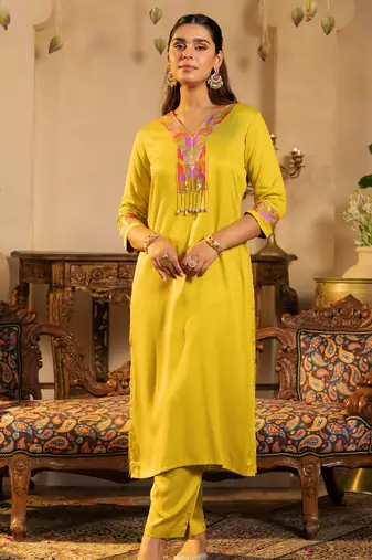 Yellow embroidered silk kurta trouser set