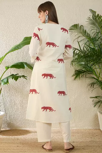 Off white printed cotton kurta trouser set