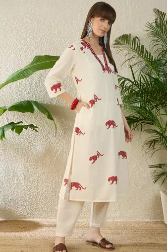 Off white printed cotton kurta trouser set