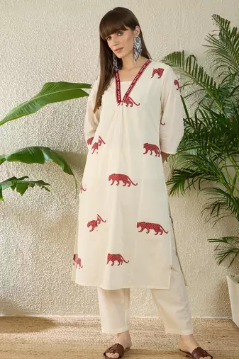 Off white printed cotton kurta trouser set