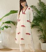 Off white printed cotton kurta trouser set