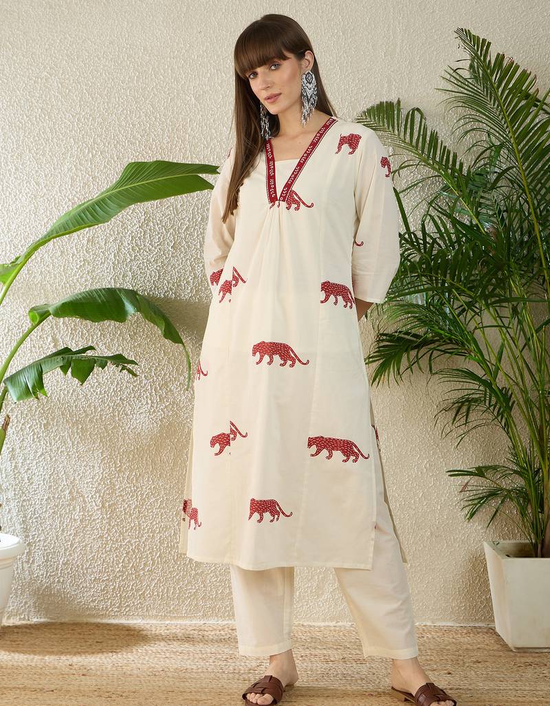 Off white printed cotton kurta trouser set