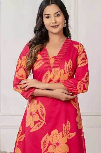 Pink printed cotton kurta trouser set