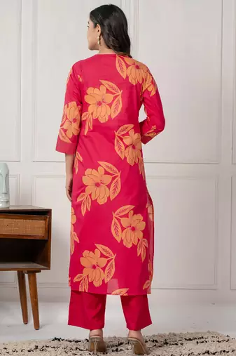 Pink printed cotton kurta trouser set