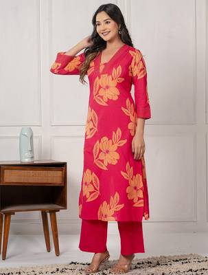 Pink printed cotton kurta trouser set 3