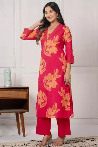 Pink printed cotton kurta trouser set