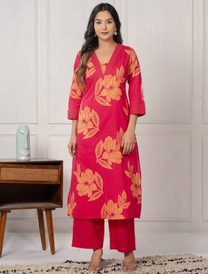 Pink printed cotton kurta trouser set 4