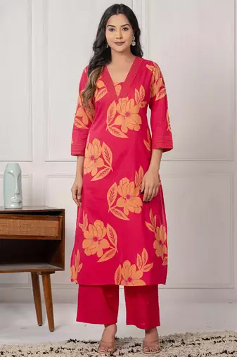 Pink printed cotton kurta trouser set