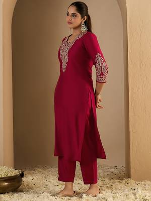 Maroon embroidered liva kurta trouser set 4