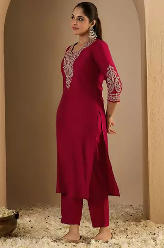Maroon embroidered liva kurta trouser set