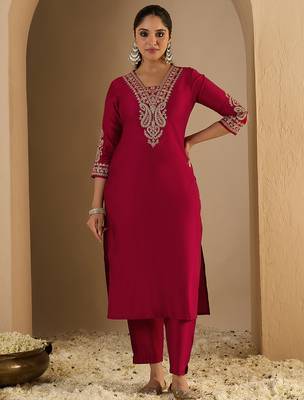 Maroon embroidered liva kurta trouser set 1