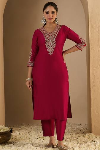 Maroon embroidered liva kurta trouser set