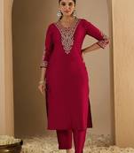 Maroon embroidered liva kurta trouser set