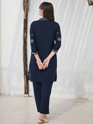 Navy blue embroidered viscose rayon kurta trouser set 2