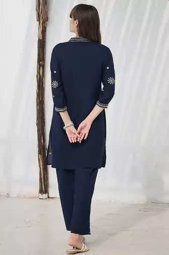 Navy blue embroidered viscose rayon kurta trouser set