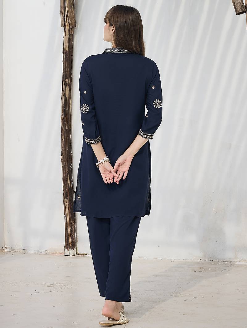 Navy blue embroidered viscose rayon kurta trouser set
