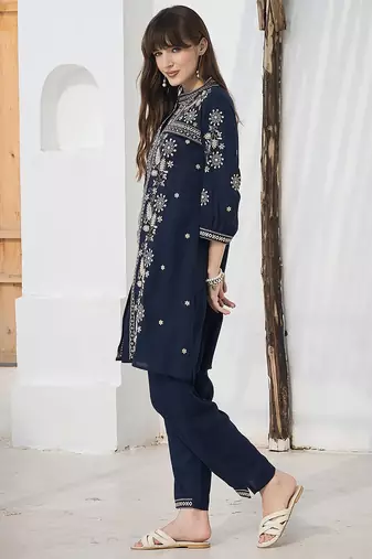 Navy blue embroidered viscose rayon kurta trouser set
