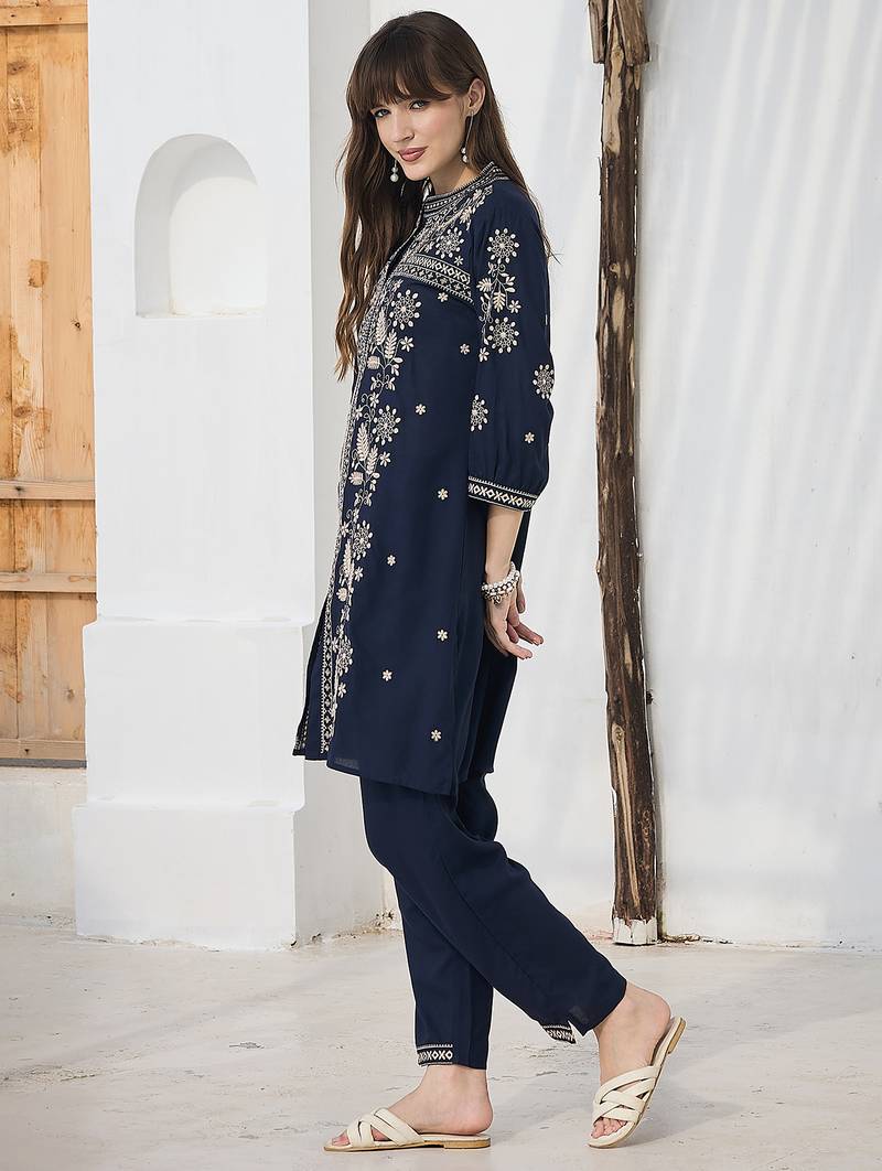 Navy blue embroidered viscose rayon kurta trouser set