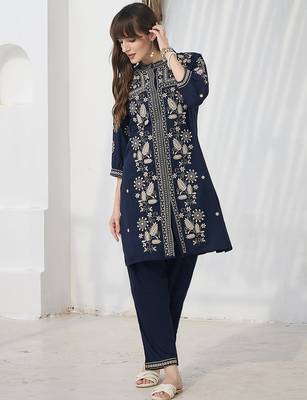 Navy blue embroidered viscose rayon kurta trouser set 4