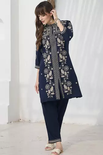 Navy blue embroidered viscose rayon kurta trouser set