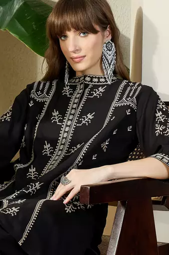Black embroidered viscose rayon kurta trouser set