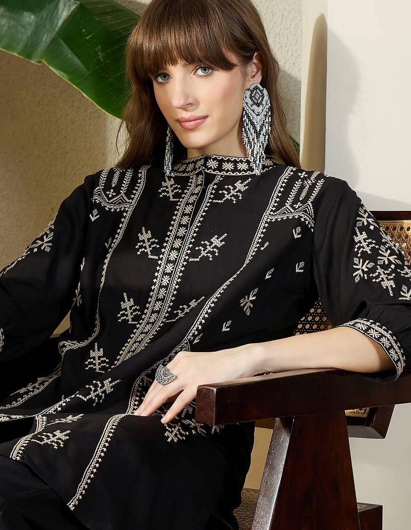 Black embroidered viscose rayon kurta trouser set