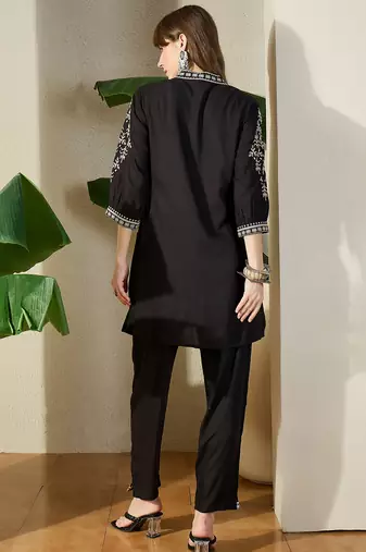 Black embroidered viscose rayon kurta trouser set