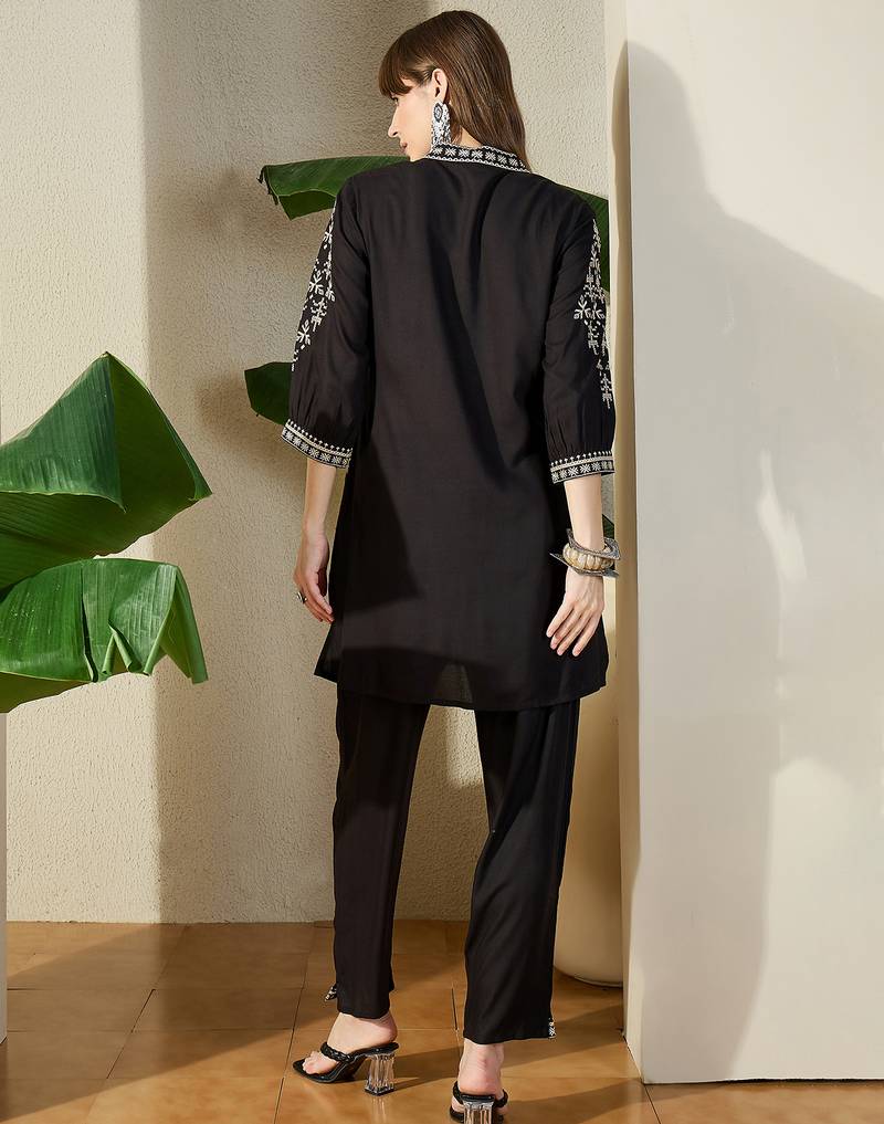 Black embroidered viscose rayon kurta trouser set