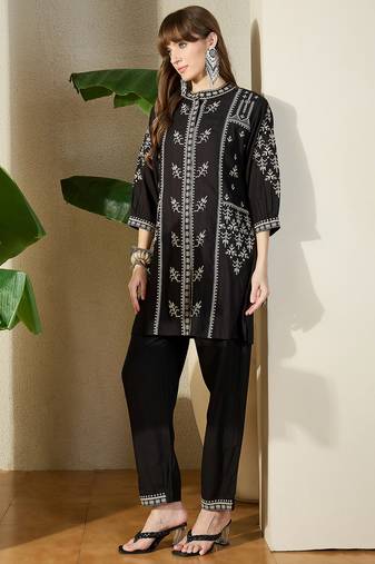 Black embroidered viscose rayon kurta trouser set
