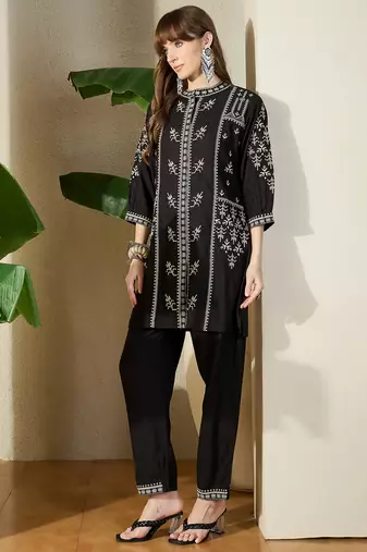 Black embroidered viscose rayon kurta trouser set