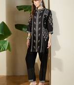 Black embroidered viscose rayon kurta trouser set