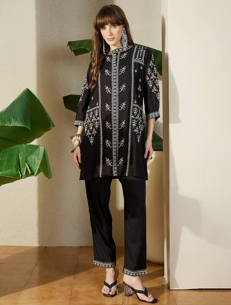 Black embroidered viscose rayon kurta trouser set