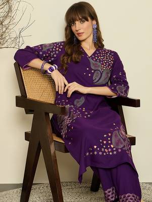 Purple embroidered viscose rayon kurta trouser set 2