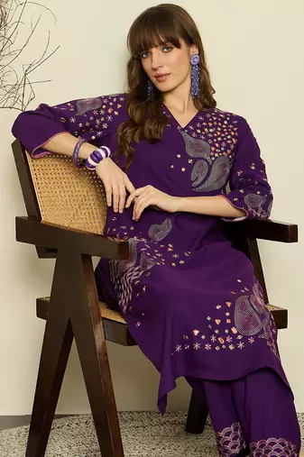 Purple embroidered viscose rayon kurta trouser set