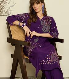 Purple embroidered viscose rayon kurta trouser set