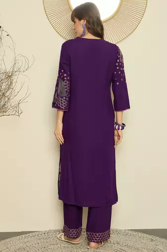 Purple embroidered viscose rayon kurta trouser set